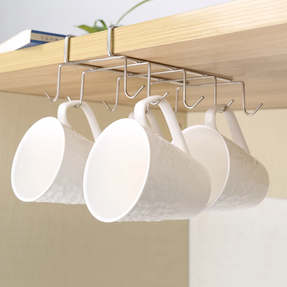 

tainless Steel Hanger Hooks Cupboard Coffee Cup Holder Drainer Hanger Closet Under Shelf 10 Hook for Storage Cup Glass and Mug