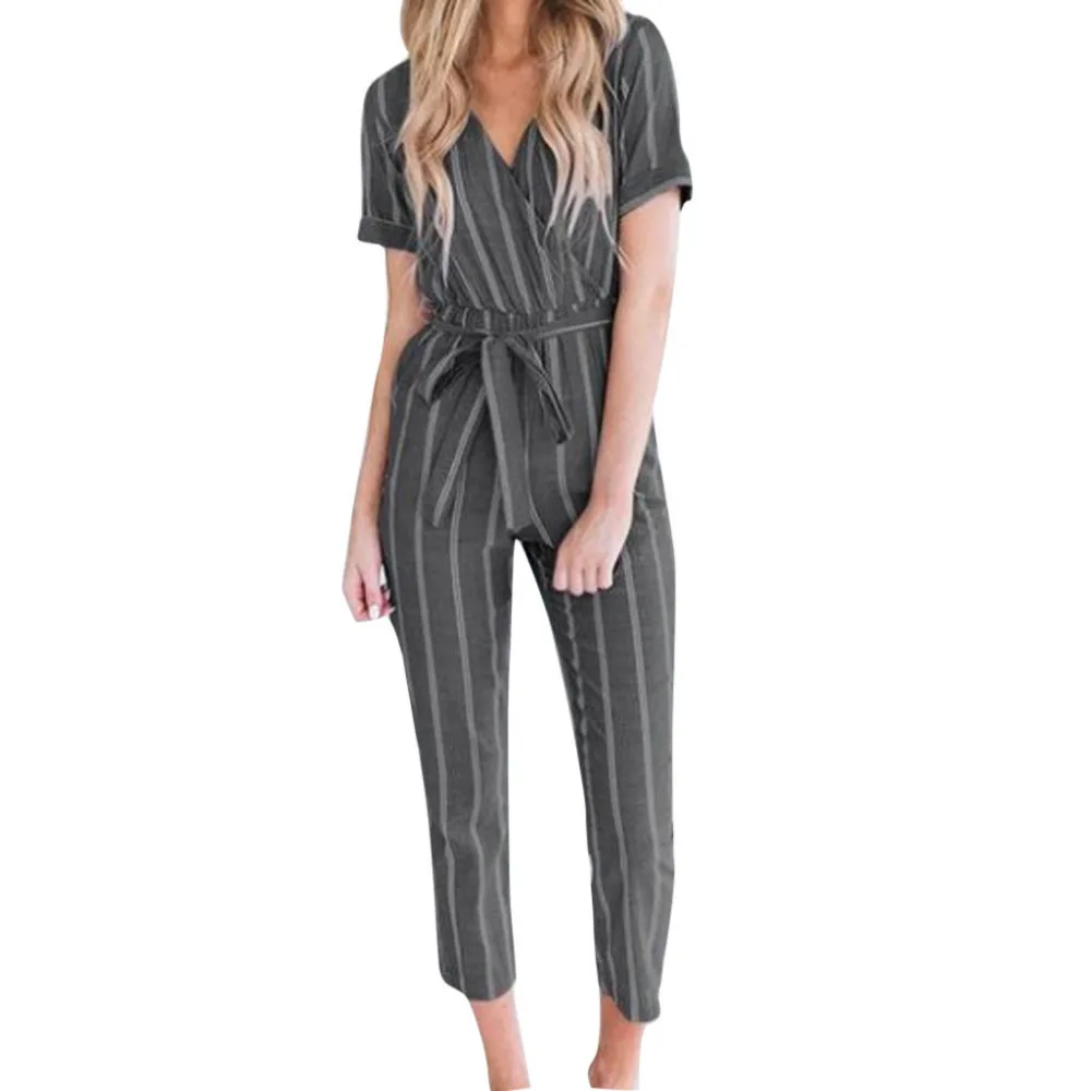 

Women Casual Bohemian Jumpsuit V-neck Short Sleeve Striped Printing Sashes For Famale Summer Beach Ankle-Length Pants #TJ
