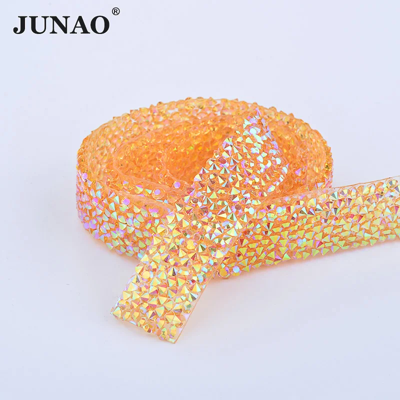 

JUNAO 5 Yard*15mm Yellow AB Rhinestones Chain Trim Hotfix Strass Crystal Banding Mesh Sewing Bridal Applique For Wedding Clothes