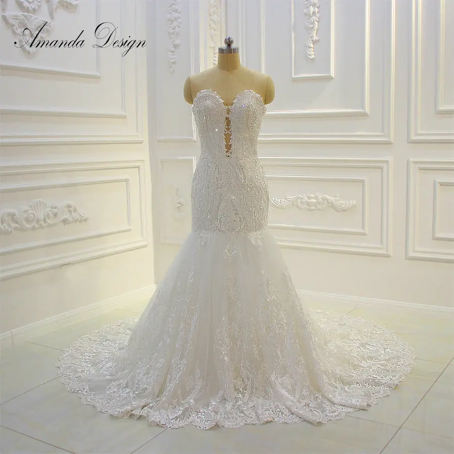

Amanda Design Strapless Lace Applique Crystal Stone Low Cut Wedding Dress
