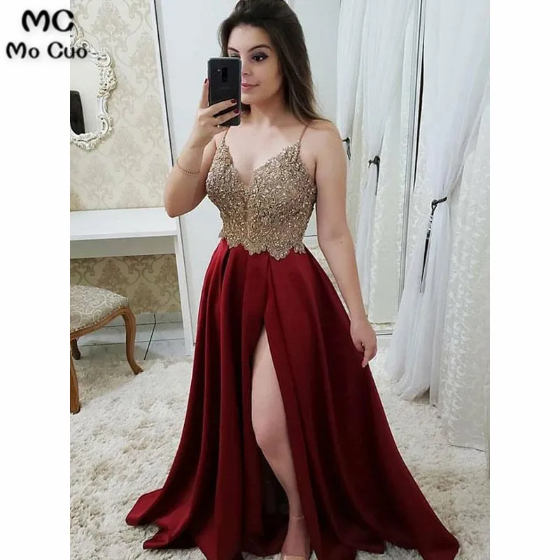 

2019 Burgundy A-line Evening Dresses With Beaded V-Neck Front Slit Women's Evening Dresses Spaghetti Straps Prom Dress