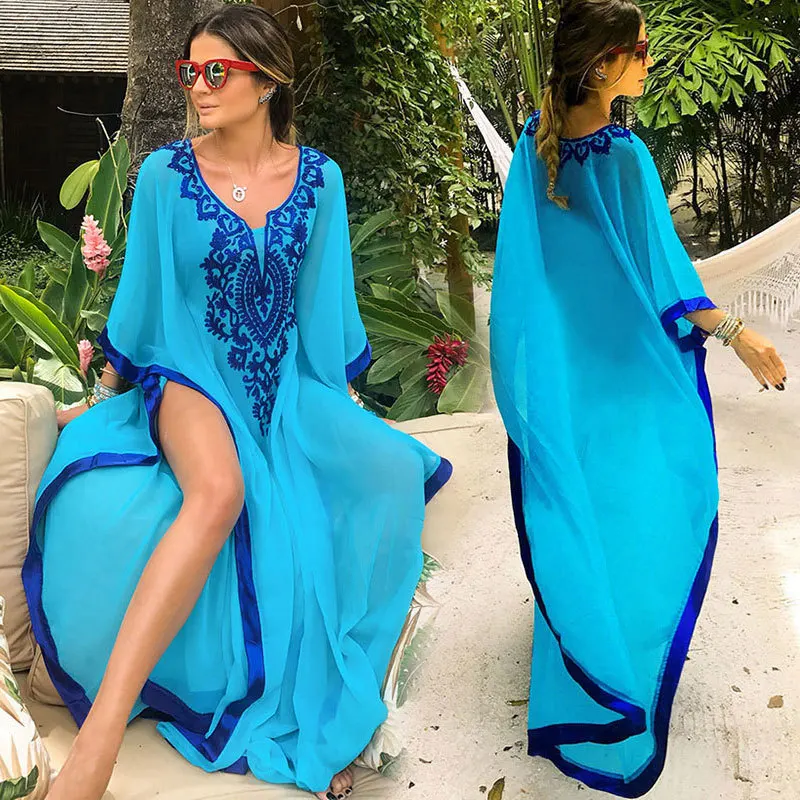 

Plus Size Blue Embroidered 2019 Summer Beachwear Chiffon Kaftan Beach Woman Tunic Bath Dress Robe Plage Swim Wear Beach Cover Up
