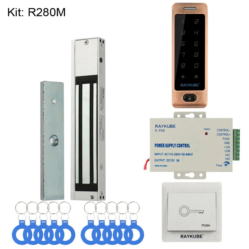 RAYKUBE DIY система контроля доступа набор с RFID сенсорной клавиатурой+ Электронные дверные замки+ кнопка выхода+ блок питания+ RFID ключи - Цвет: 280M