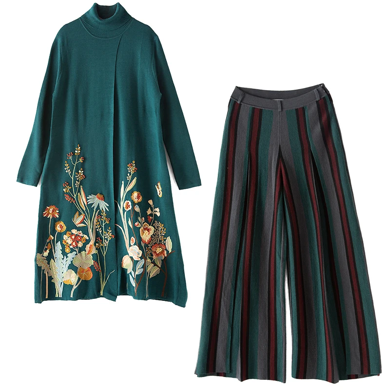 Best Price New Brand Designer Fashion Clothing Set Women Turtleneck Hand Made Embroidery Wool Knit Sweater+Wide Leg Warm Pant Set Two Piece Best Price New Brand Designer Fashion Clothing Set Women Turtleneck Hand Made Embroidery Wool Knit Sweater+Wide Leg Warm Pant Set Two Piece