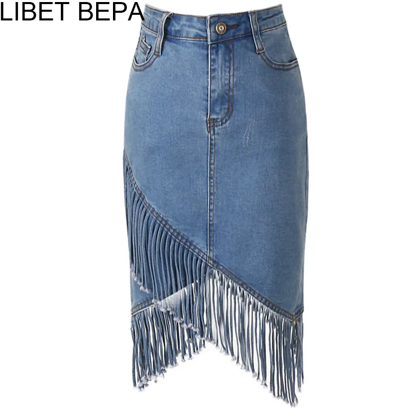 

New 2017 Autumn Winter Women Midi Denim Skirt High Waist Sexy Tassel Asymmetrical Pencil Skirt Elegant Bodycon Femininas SP056