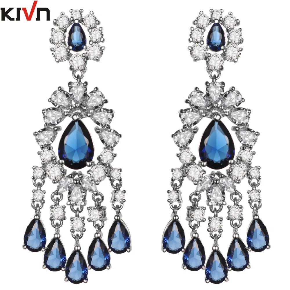 

Womens Fashion Jewelry Blue Long Drop Dangle Cubic Zirconia Girls Bridal Wedding Earrings Promotion Christmas Birthday Gifts
