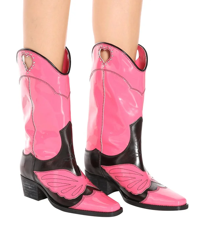 

Newest Women Pink Black Mixed Color Round Toe Mid-Calf Boots Autumn Fashion Butterfly Embroider Low Square Heel Booties