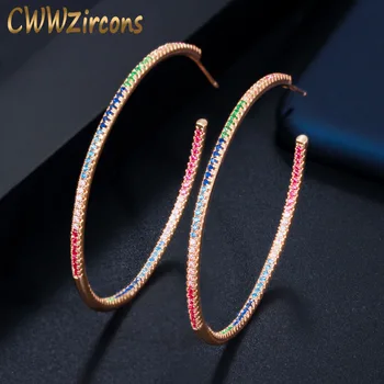 

CWWZircons Gorgeous Thin MultiColor Cubic Zirconia Crystal Large Gold Color Loop Hoop Earrings for Women Jewelry Gift CZ576