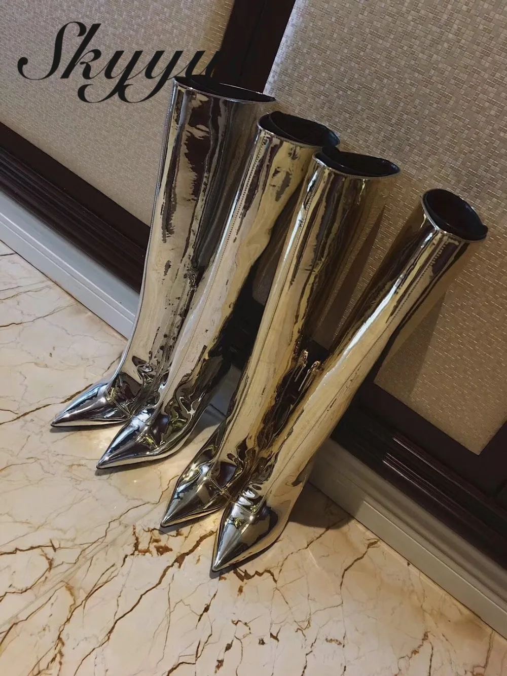 

SKYYUE New Silver Gold Metallic Leather Knee HIgh Moto Boots Sexy Pointed Toe Zip Side Thin HIgh Heel Boots Shoes Women Winter