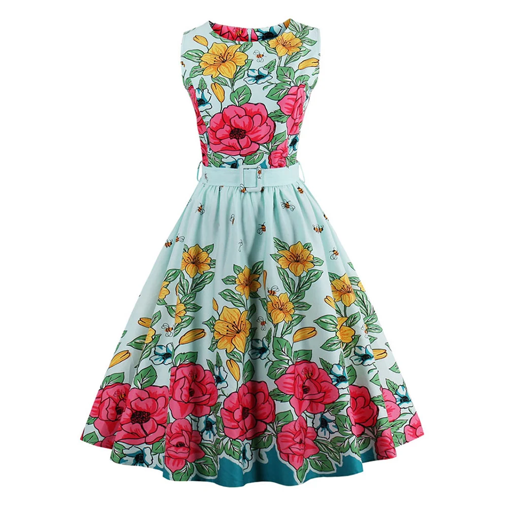 Wipalo Women Vintage Dress Floral Print Retro 50s 60s Robe Sleeveless O Neck Belted Summer Party