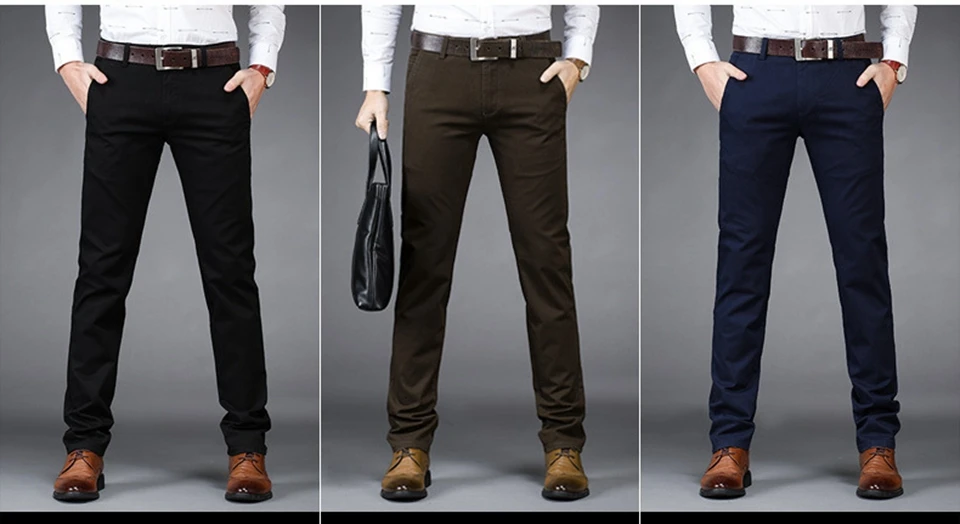 Мужские брюки Чино, 98% хлопок, 2% спандекс, с карманами, формальные, деловые, модные мужские, одежда, синий, черный, хаки, мужские повседневные брюки