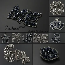 Iron on Patches for Clothing Rhinestone DIY Patch Applique Clothes Decoration Crystal Black Diamond Cat Lips Crown Logo Fastso