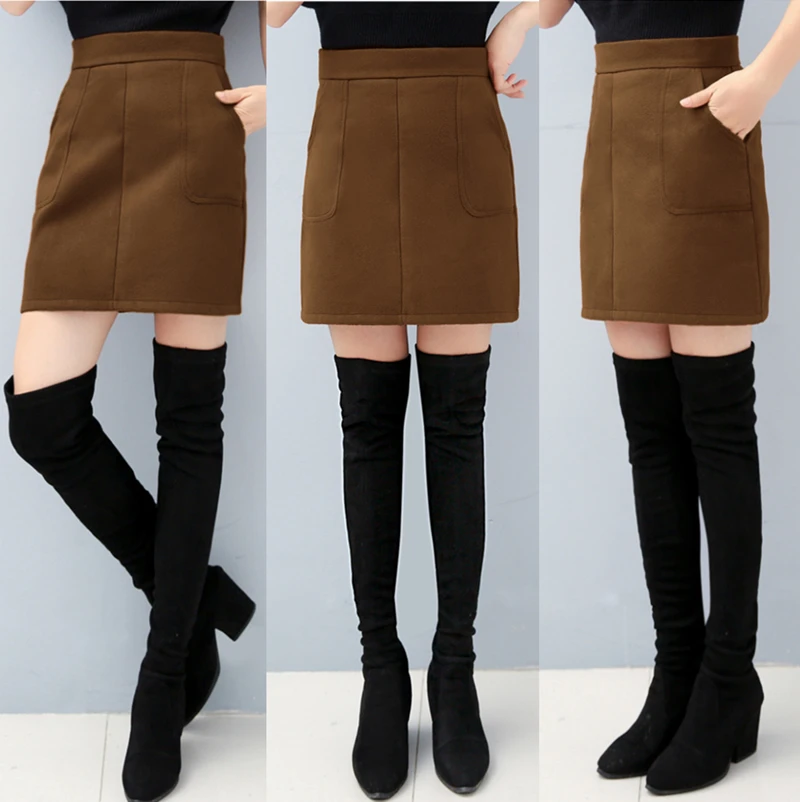 Флисовая Зимняя шерстяная юбка размера плюс S-3XL, Женская шерстяная юбка-карандаш с высокой талией и карманами, плотные базовые юбки, Женская юбка