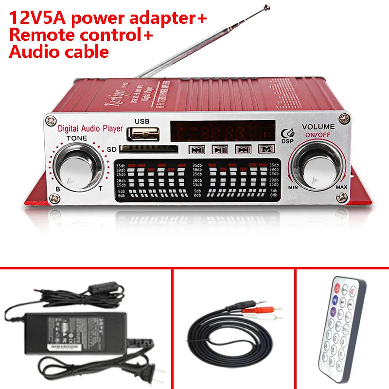 Con 12V5A adaptador de corriente + Cable de Audio + IR Control Kentiger HY-602 amplificador Mini portátil pantalla LED USB SD FM jugador de Amp