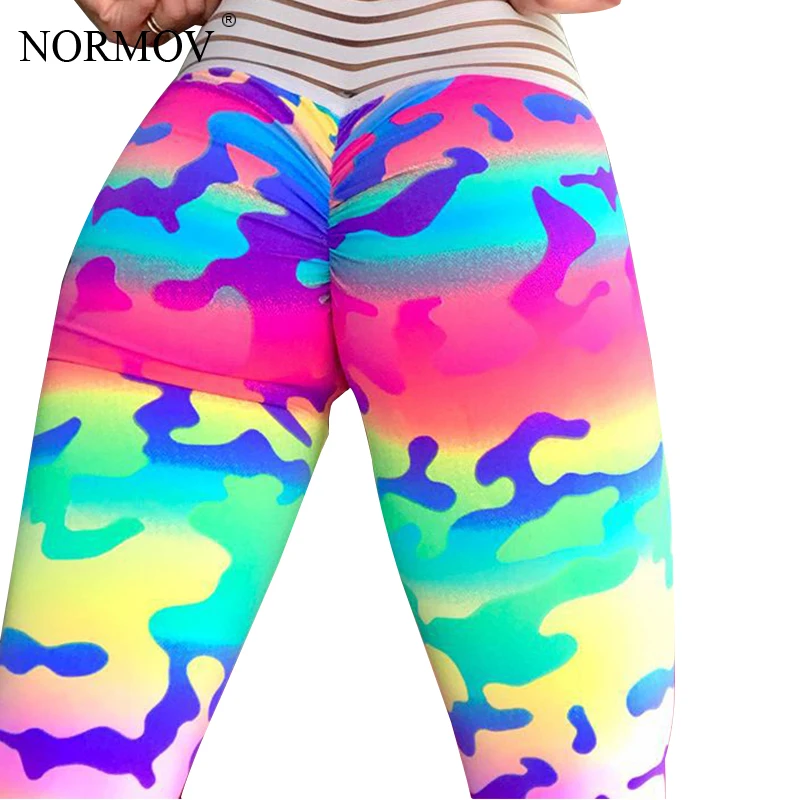 

NORMOV Women Fitness Legging Workout Push Up Sexy Leggings Spandex Rainbow Activewear Capri Leggings Mesh Legins Women