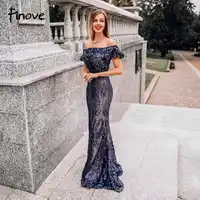 Finove Mermaid Sequined Long Evening Dresses With Sexy Off The Shoulder See-Through In Waist 2019 Reflective Dress Long Dress