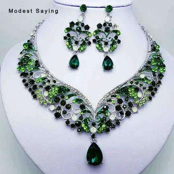 

Elegant Green Shiny Bridal Jewelry Sets 2018 with Rhinestone Red Wedding Necklaces and Stud Earrings Wedding Accessories