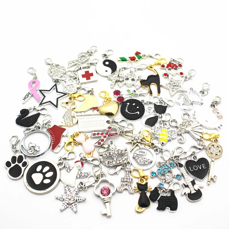 

Mixture 50pcs/lot Crystal Alloy Pendant Dangle Charms Lobster Clasp Hanging Charm For Bracelet Floating Charms Jewelry