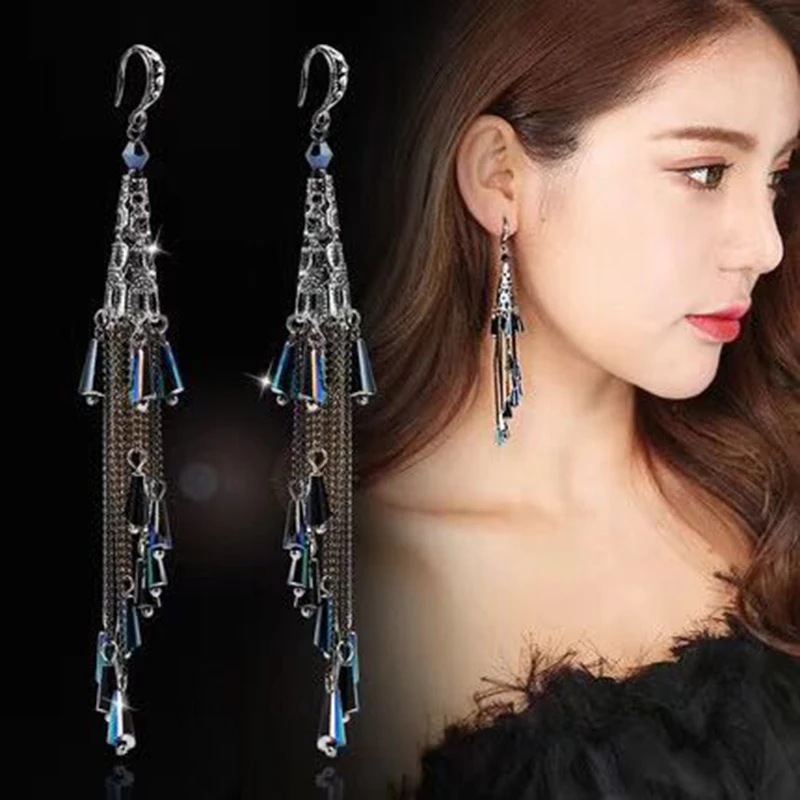 

TDQUEEN Long Dangle Drop Earrings Female Blue Crystal Beads Tassel Earing Chain Dangling Women Fashion Bts Pompom Ear Jewelry