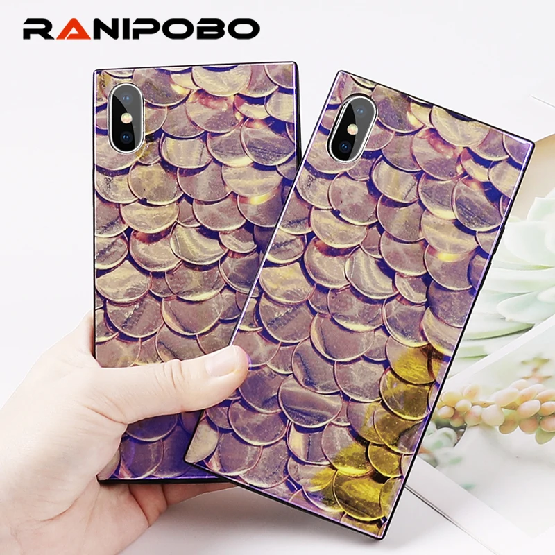 

Luxury Blu-Ray Fish scales Square Phone Case For iPhone 6 6S Plus 7 8 Plus X Soft IMD Shining Laser Mermaid Phone Back Cover