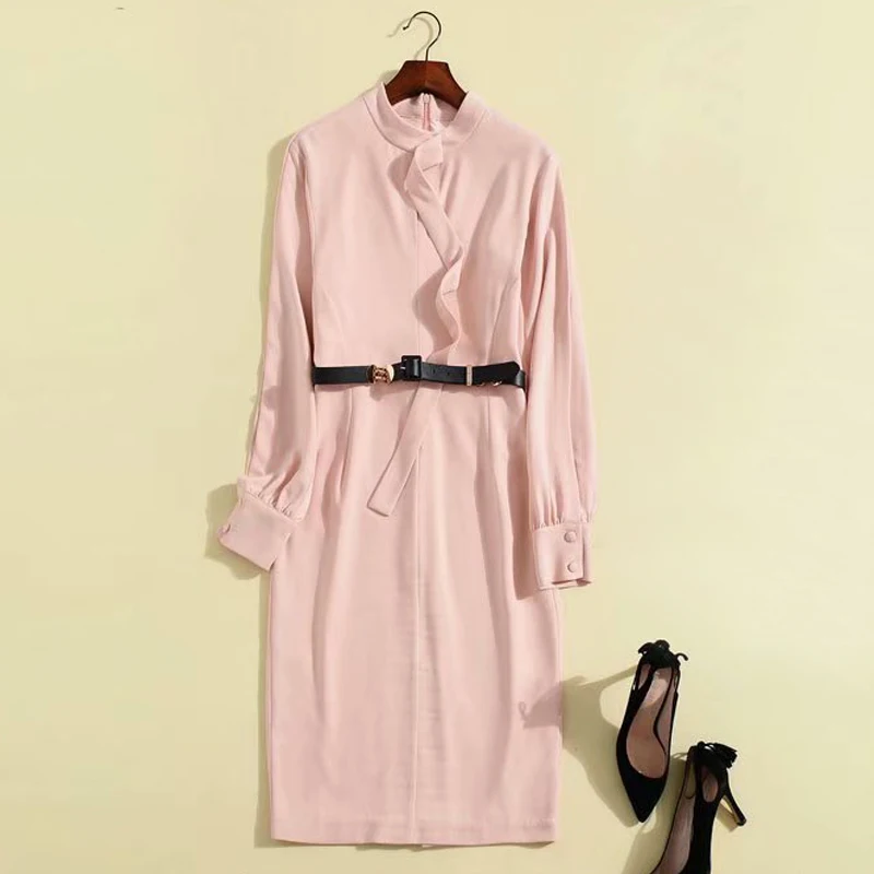 Телесный розовый/темно-синий сплит с длинным рукавом поясом Стенд воротник кожаный ремень длиной до колена карандаш платье сексуальное облегающее платье офисное платье