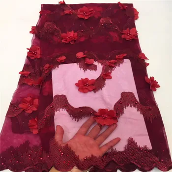 

Latest 3d Flowers Nigerian Wine Lace Fabric Embroidery Dress Beaded Tulle Fabric 5 Yards African Lace Fabric For Wedding A1477
