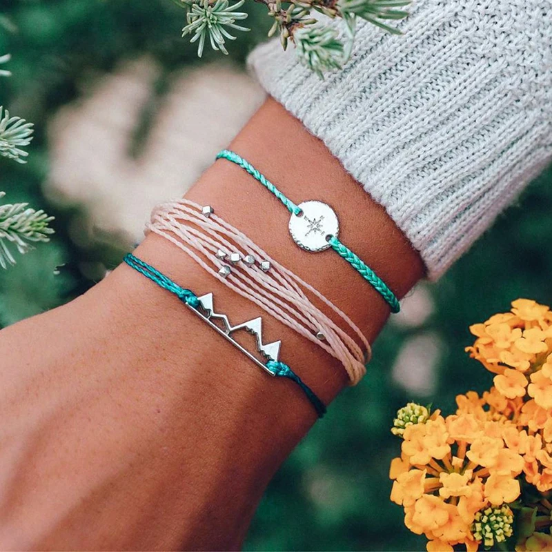 Ретро компасы полые Mountain Плетеный веревочный с бусинами Регулируемый Серебряный браслеты для женщин вечерние Вечеринка Jewelry женский браслет комплект