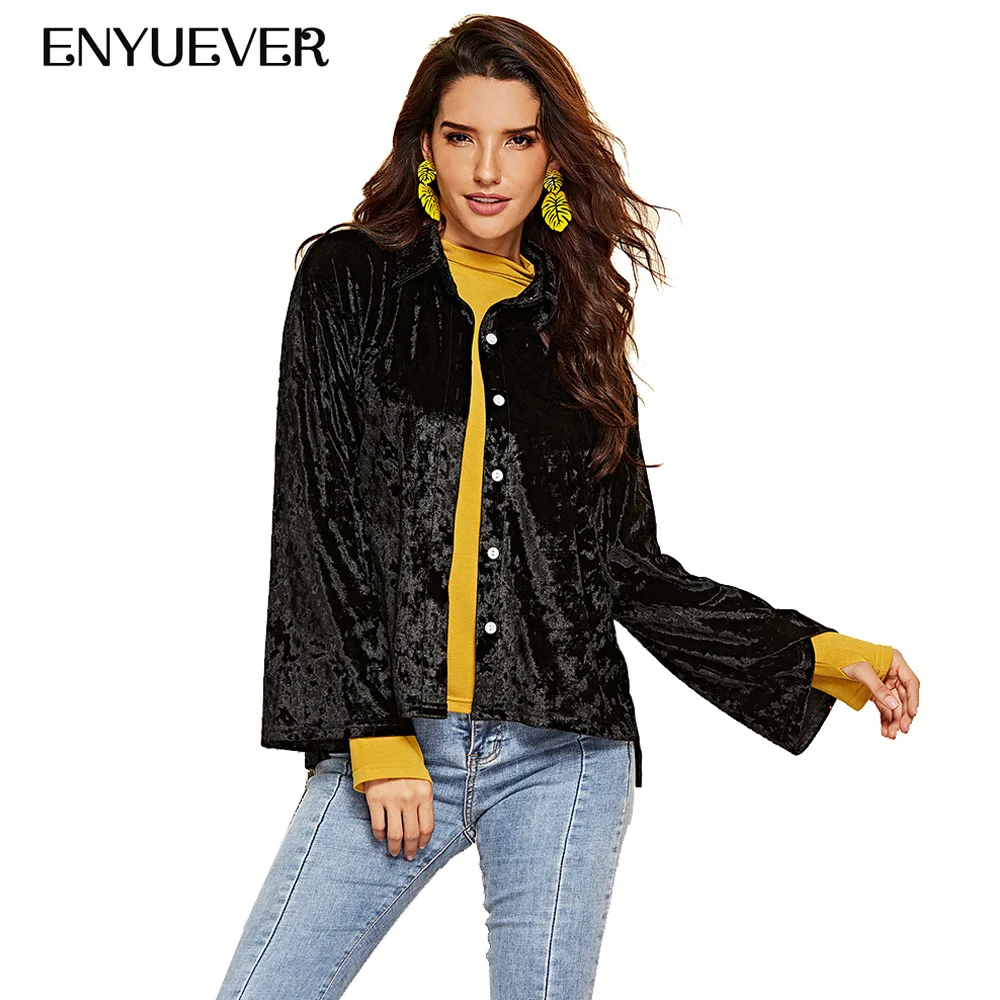 

Enyuever Black Velvet Jackets For Women Fall Autumn 2019 Irregular Hem Long Sleeve Fashion Loose Short Coat Casual Outerwear