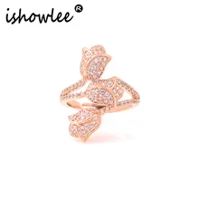 Кольца с цветком розы, кубический цирконий, розовое золото 585, кольца для женщин с камнями, кристалл, роскошный бренд, корейские женские ювелирные изделия jza22