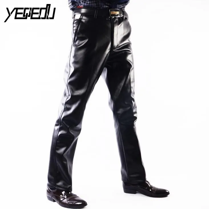 

#2202 Faux Leather Pants Men Fashion Casual Plus Size 29-42 Motorcycle Trousers men PU Leather Pants Black Straight High Quality
