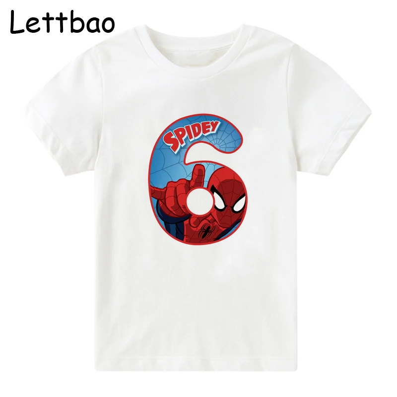 New Fashion Children's Clothes Happy Birthday 2 To 12 Number Summer Cotton White T-shirt for Boy Spider Man Tshirt for Kid