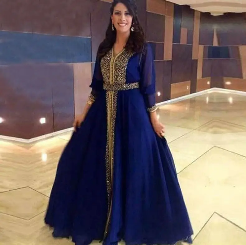 Royal Blue Uzun kollu abiye elbise2019 шифоновый Кристалл A Line Золотой Королевский синий марокканский кафтан индивидуальный мусульманский Выпускной халат арабский длинный - Цвет: Royal Blue