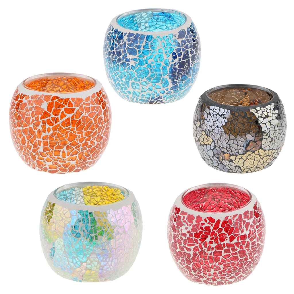 Mosaic Glass Votive Candle Tea Light Candelabra Candlestick Mood Light Lamp Shade Scented Candleholder Festive Decor 5-set