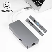 USB-C Тип C концентратор для Macbook сплитер адаптер USB 3,0 TF/SD кард-ридер 2 K видео HDMI RJ45 Ethernet сетевой кабель зарядка PD