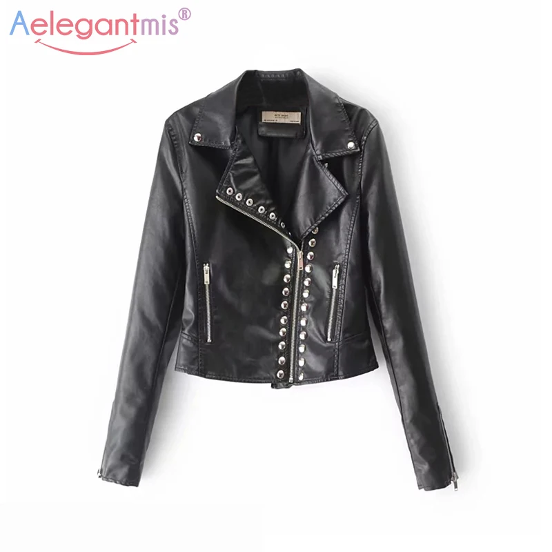 

Aelegantmis Autumn Winter New Fashion Rivet Pu Leather Jacket Women Black Faux Leather Biker Jacket Female Soft Street Coat Pink