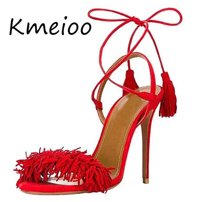 

Kmeioo US Size 5-15 Summer Women Shoes Fringe Sandals Tassels High Heels Open Toe Backless Stilettos Suede Lace-up Party Shoes