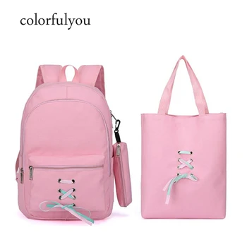 

Canvas School Bag for women 2019 fashion girls Travel Backpacks 3pcs/Sets Backpack Bow ribbon School bags for Teenage Students