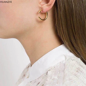 

HUANZHI Simple Design S925 Sterling Silver Gold Metal Geometric Round Circle C Shape Earrings for Women Men Party Jewelry Gift