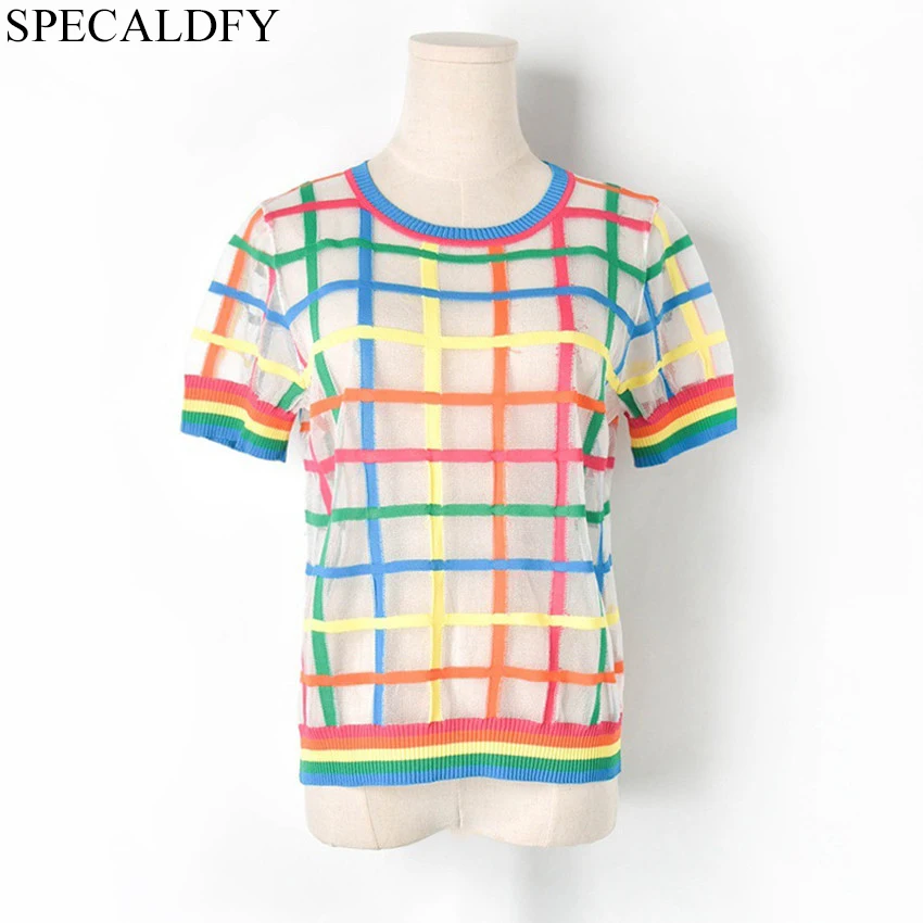 

2019 Summer Rainbow Plaid T shirt Women Short Sleeve Knitted Tops Designer Runway Harajuku Sexy Mesh T-Shirt Shirt Pullover
