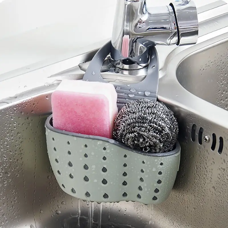 

Plastic Kitchen Sink Storage Organizer Sponge Holder Draining Basket Faucet Caddy with Adjustable Strap