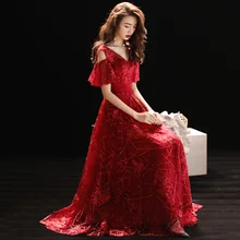 Новые модные вечерние платья с красной вышивкой, формальное платье для выпускного вечера, короткие рукава, шнуровка, а-силуэт, длина до пола, v-образный вырез, вечерние платья E309