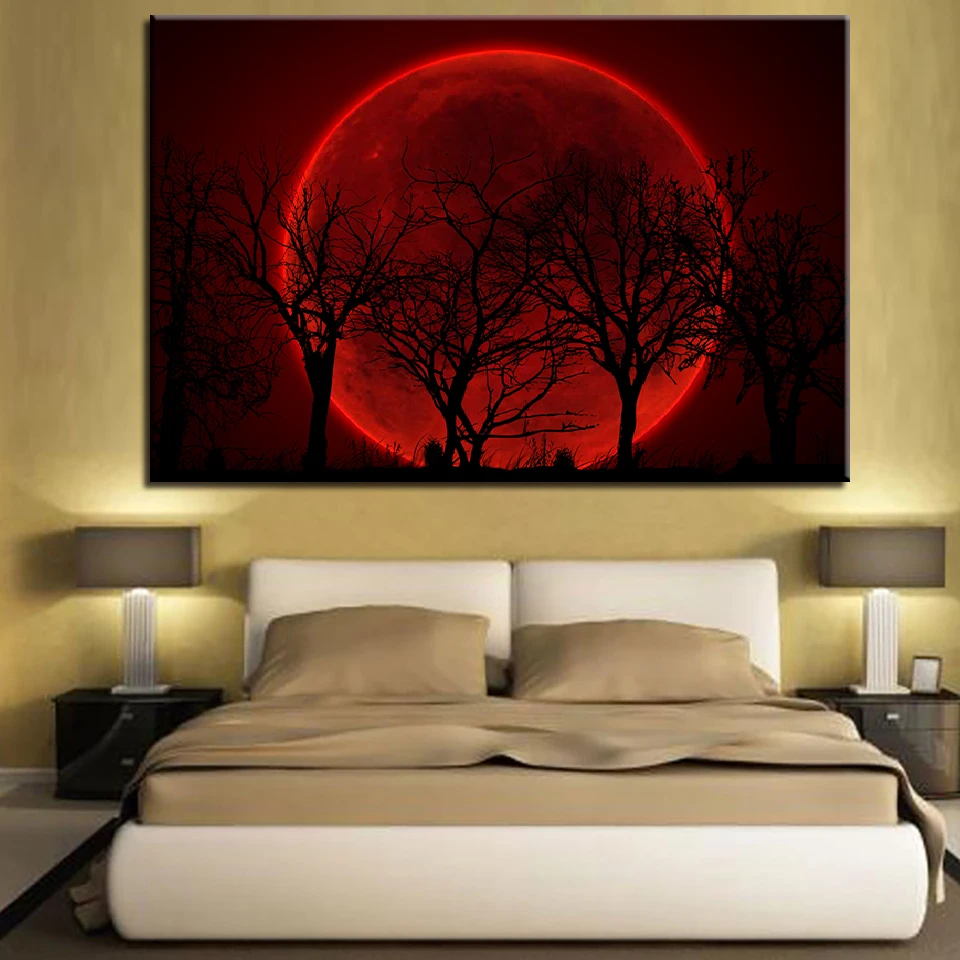

Home Decor Canvas HD Print Pictures Wall Art 1 PiecePcs Red Moon Night Psychedelic Forest Painting For Living Room Trees Poster