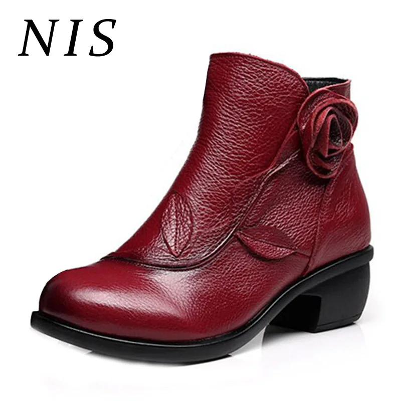 

NIS Women Winter Boots Genuine Leather Ankle Boots Women Shoes Woman Vintage Autumn Zipper Fur-lined Ladies Shoes Block Heels