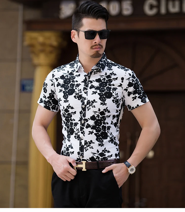 2019 Новый стиль бренд Мужская одежда Летняя рубашка с короткими рукавами Slim Fit Человек платье Masculino Цветочный принт рубашка плюс Размеры M-7XL