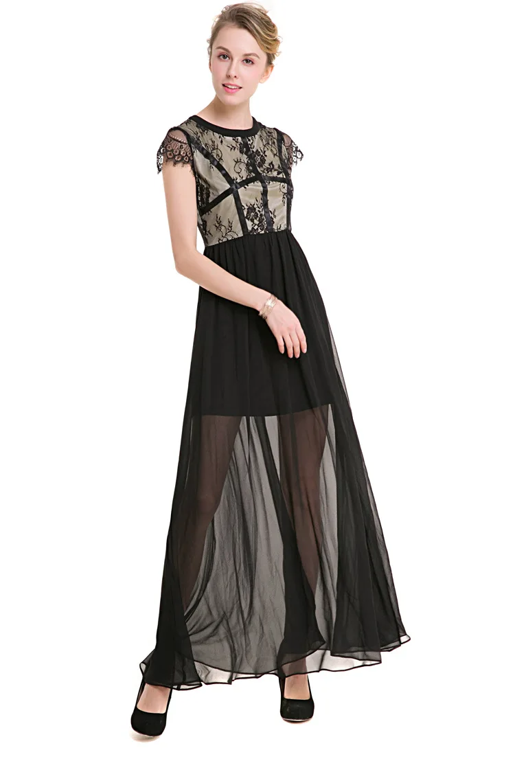 Fuerjia 2018 burst sexy lace stitching chiffon dress round neck