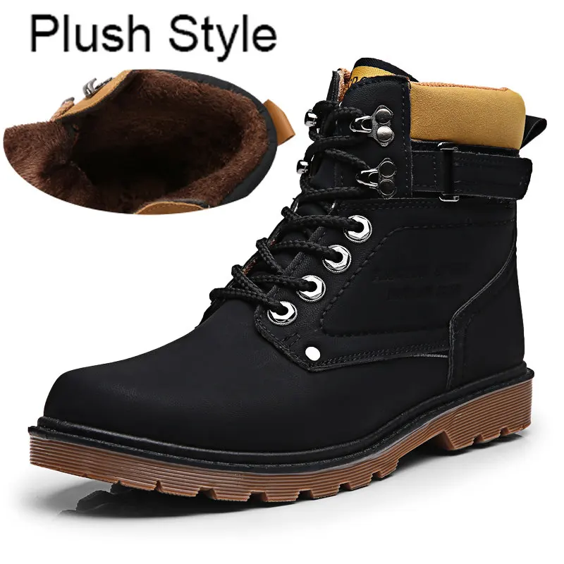 plush black Теплые мужские зимние ботинки из искусственной кожи; износостойкие ботильоны из водонепроницаемого плюша; прогулочная обувь; рабочие мужские зимние ботинки; кроссовки - Цвет: plush black
