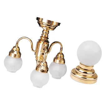 

1/12scale Doll House Miniature Metal Wall Light Lamp Model and Globe Ceiling Lamp LED with Battery