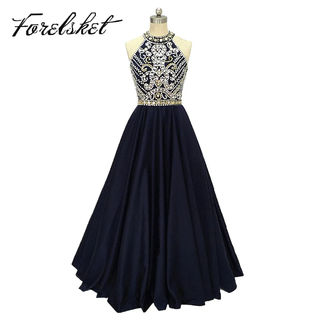 

Navy Blue Satin Evening Dresses Long 2020 Celebration Halter Beaded Forma Evening Gowns vestidos longos festa abito cerimonia