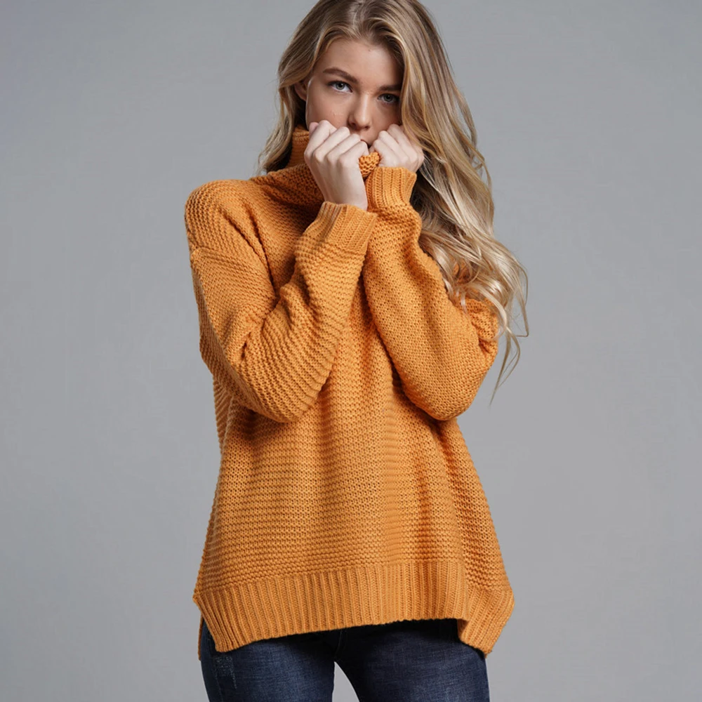 

Turtleneck Simple Knitted Sweaters Women 2019 New Fall Mid-Length Pullover Warm Knitwear Office Lady Loose Winter Casual Sweater
