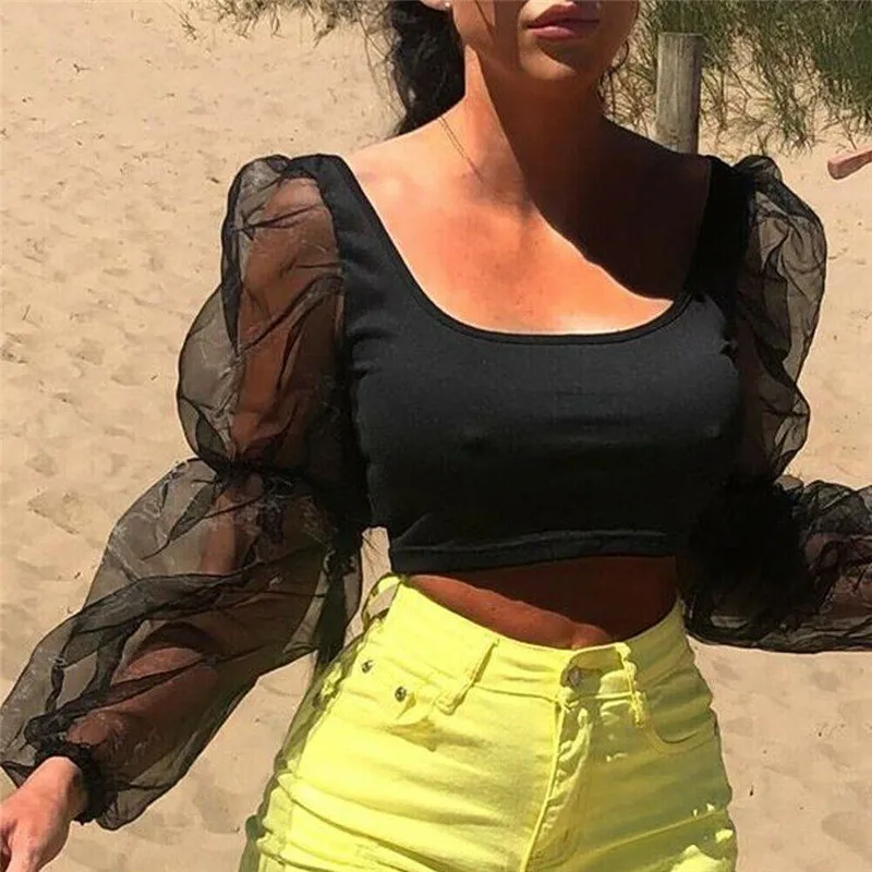 Women Summer Puff long sleeve Blouse tops fashion Sexy Strappy Slim crop top Clubwear Solid Sheer Organza Blusas Clothes Girls